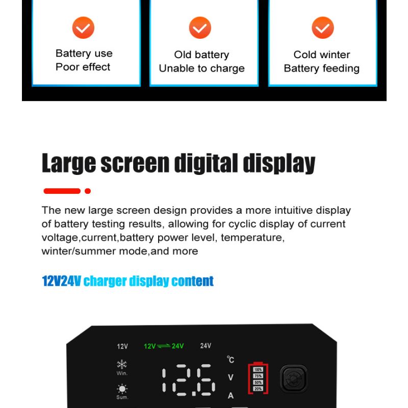 FOXSUR 20A Bärbar bilbatteriladdare för 12V 24V AGM LiFePO4 Blybatterier med mikroprocessorkontroll