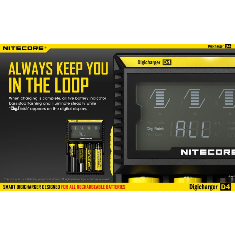 Nitecore D4 Digicharger LCD-skärm avancerad batteriladdare för Li-ion 18650 och NiMH med säkerhetsfunktioner