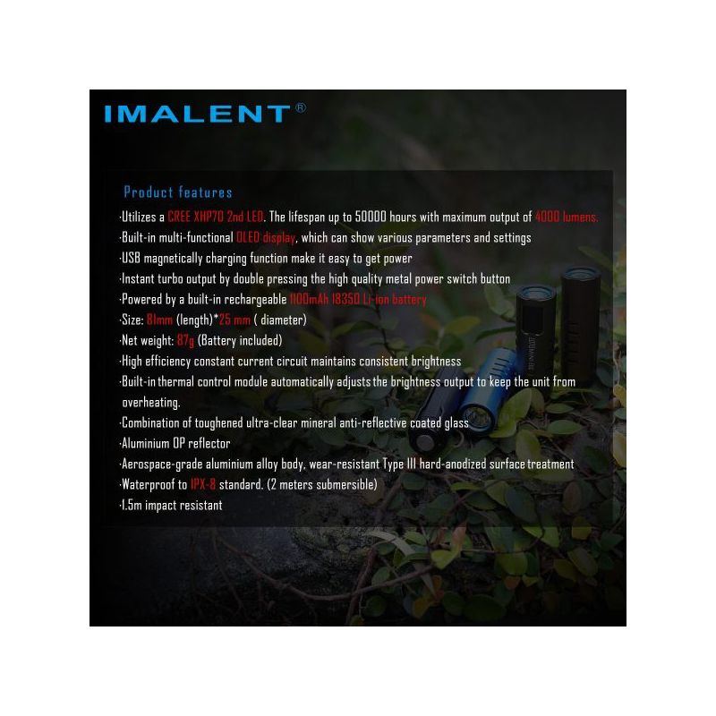 Imalent LD70 4000 Lumen LED ficklampa med OLED-skärm och flera belysningslägen kompakt och bärbar design