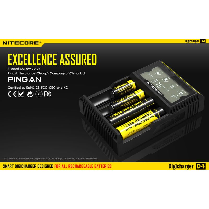 Nitecore D4 Digicharger LCD-skärm avancerad batteriladdare för Li-ion 18650 och NiMH med säkerhetsfunktioner