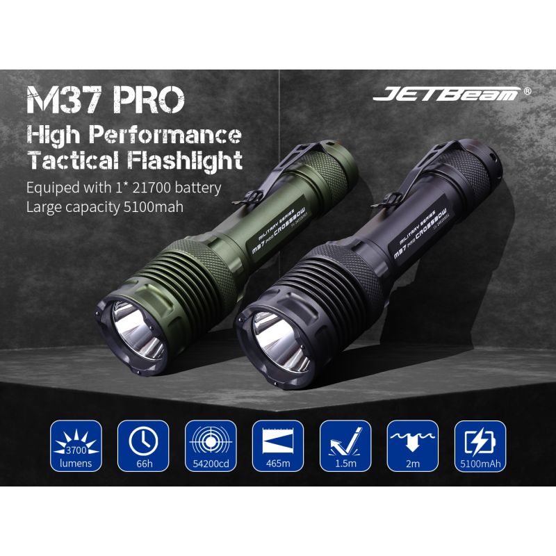 JETBEAM M37 PRO Taktisk Ficklampa 3700lm Militär Polisficklampa med 21700 Batteri, 340m Räckvidd, IPX8