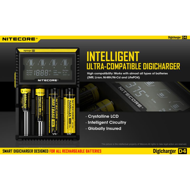 Nitecore D4 Digicharger LCD-skärm avancerad batteriladdare för Li-ion 18650 och NiMH med säkerhetsfunktioner