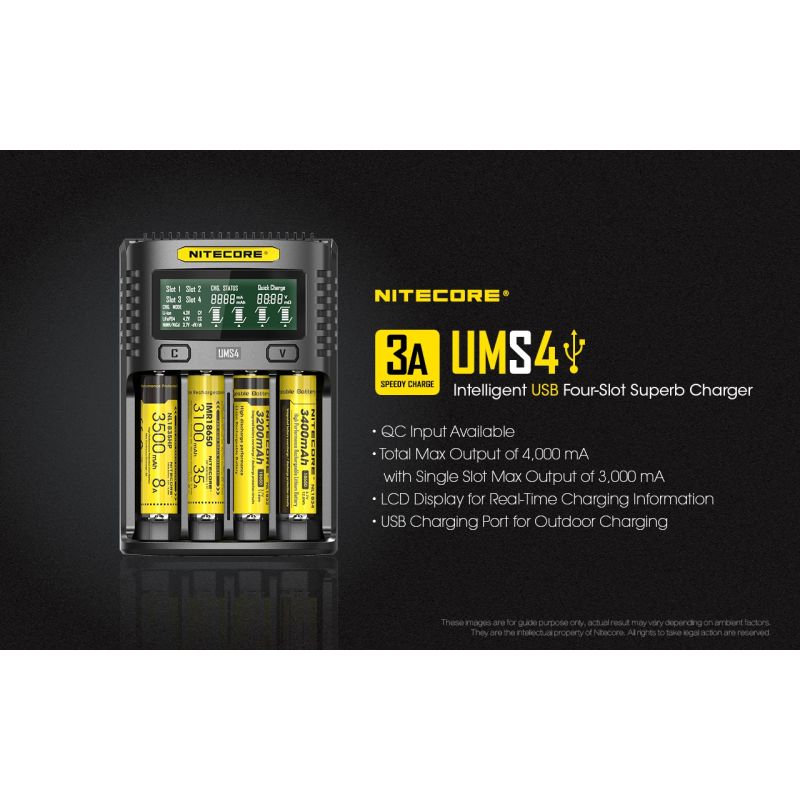 Upptäck Nitecore UMS4 intelligent USB fyrslottladdare 18650-26650 batterier smart laddning kompakt design