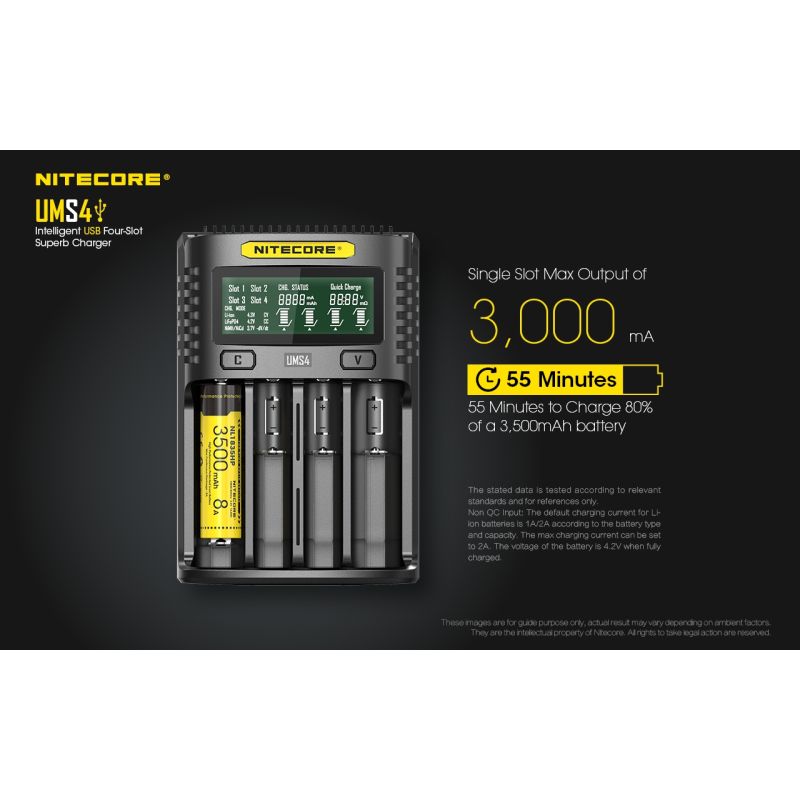 Upptäck Nitecore UMS4 intelligent USB fyrslottladdare 18650-26650 batterier smart laddning kompakt design