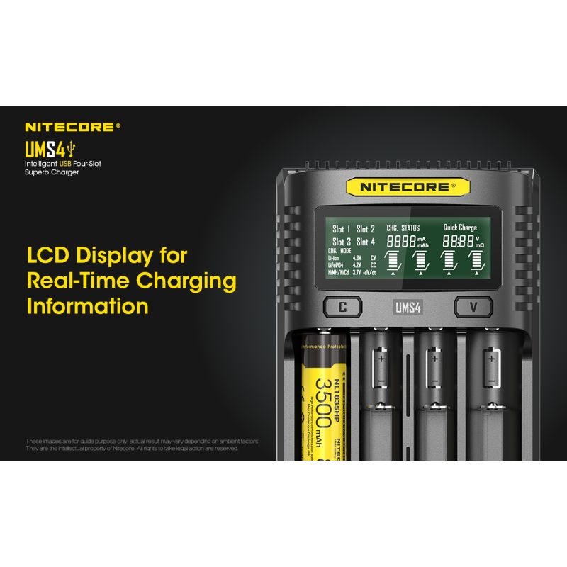 Upptäck Nitecore UMS4 intelligent USB fyrslottladdare 18650-26650 batterier smart laddning kompakt design