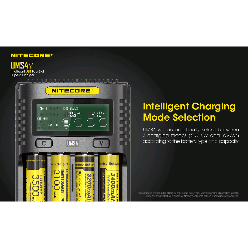 Upptäck Nitecore UMS4 intelligent USB fyrslottladdare 18650-26650 batterier smart laddning kompakt design