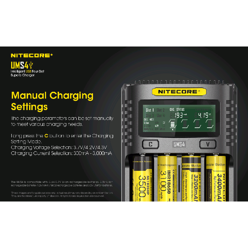 Upptäck Nitecore UMS4 intelligent USB fyrslottladdare 18650-26650 batterier smart laddning kompakt design