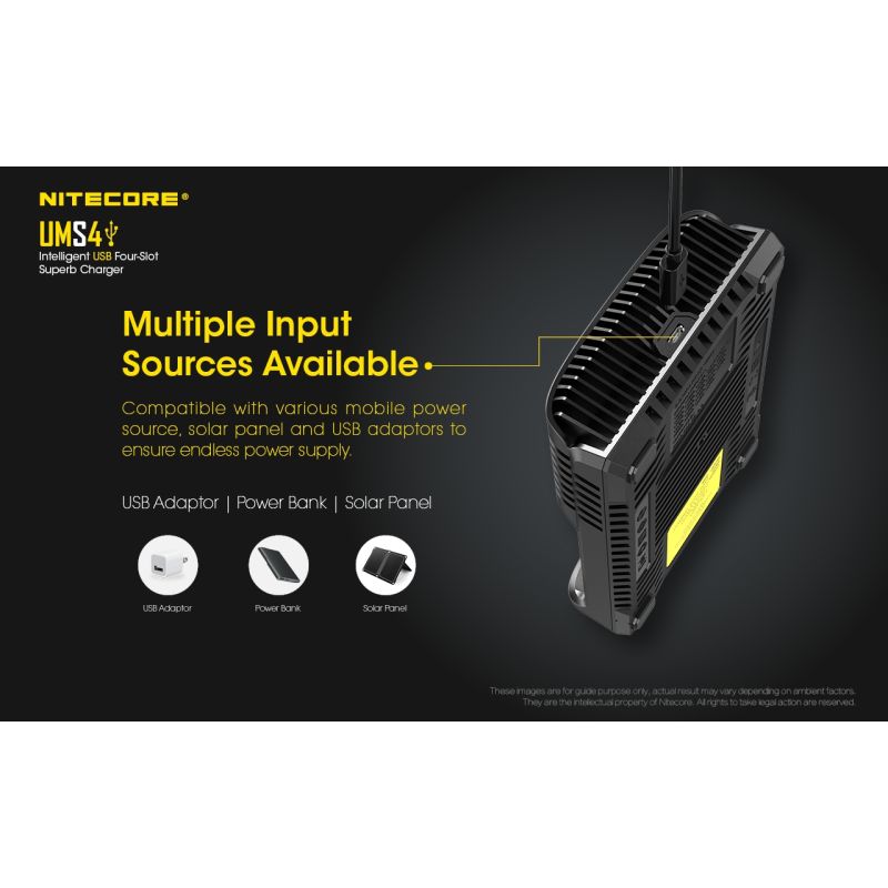 Upptäck Nitecore UMS4 intelligent USB fyrslottladdare 18650-26650 batterier smart laddning kompakt design