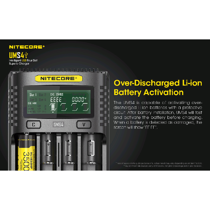Upptäck Nitecore UMS4 intelligent USB fyrslottladdare 18650-26650 batterier smart laddning kompakt design