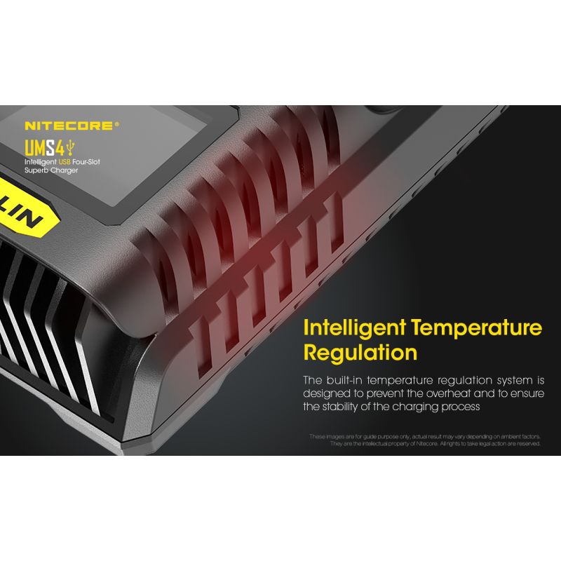 Upptäck Nitecore UMS4 intelligent USB fyrslottladdare 18650-26650 batterier smart laddning kompakt design