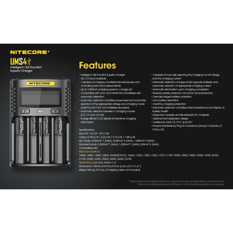Upptäck Nitecore UMS4 intelligent USB fyrslottladdare 18650-26650 batterier smart laddning kompakt design