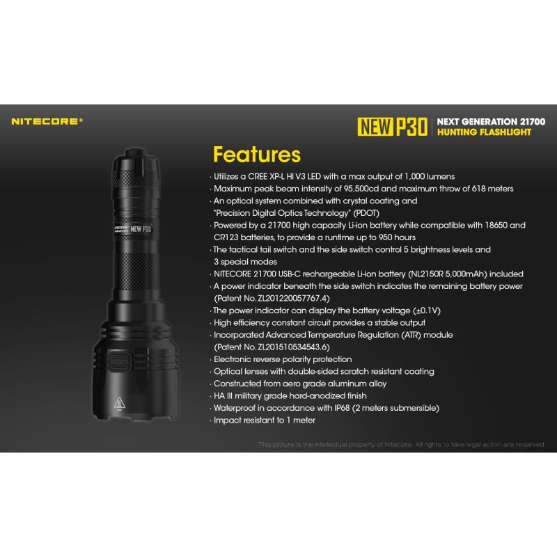 Nitecore P30 XP-L HI V3 LED-ficklampa 1000 lumen 618 m stråle kompakt och hållbar utomhusficklampa