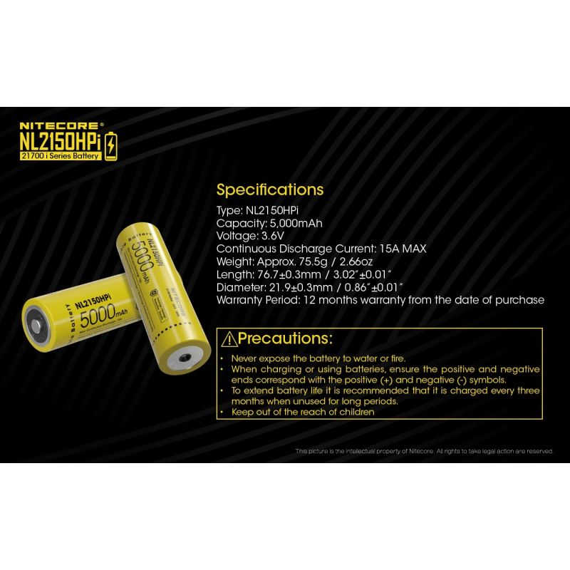 NITECORE NL2150HPI 5000mAh 3.6V Li-ion högprestanda uppladdningsbart batteri för elektroniska enheter och ficklampor