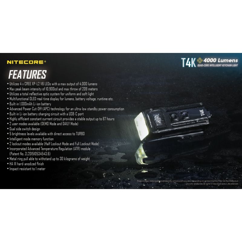 Nitecore T4K kraftfull portabel nyckelring ficklampa 4000 lumen XP-L2 V6 LEDs USB-C laddning pålitlig utomhusutrustning