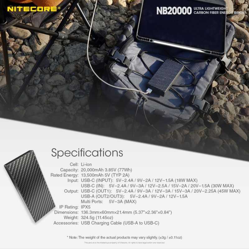 Nitecore NB20000 robust powerbank 20000mAh med QC snabbladdning USB USB-C lättviktig mobil kraftlösning