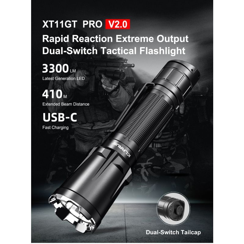 Klarus XT11GT PRO V2.0 med Luminus SST-70 hög lumen ficklampa 3300 lumen USB-C uppladdningsbar nödficklampa