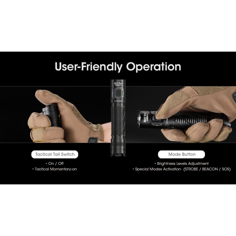 Nitecore MH12 Pro LED-ficklampa 3300 Lumen USB-C uppladdningsbar för utomhusäventyr och nattvandringar