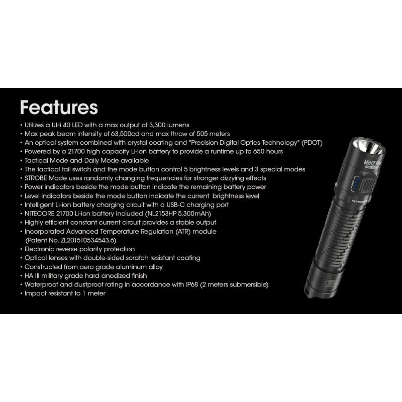 Nitecore MH12 Pro LED-ficklampa 3300 Lumen USB-C uppladdningsbar för utomhusäventyr och nattvandringar