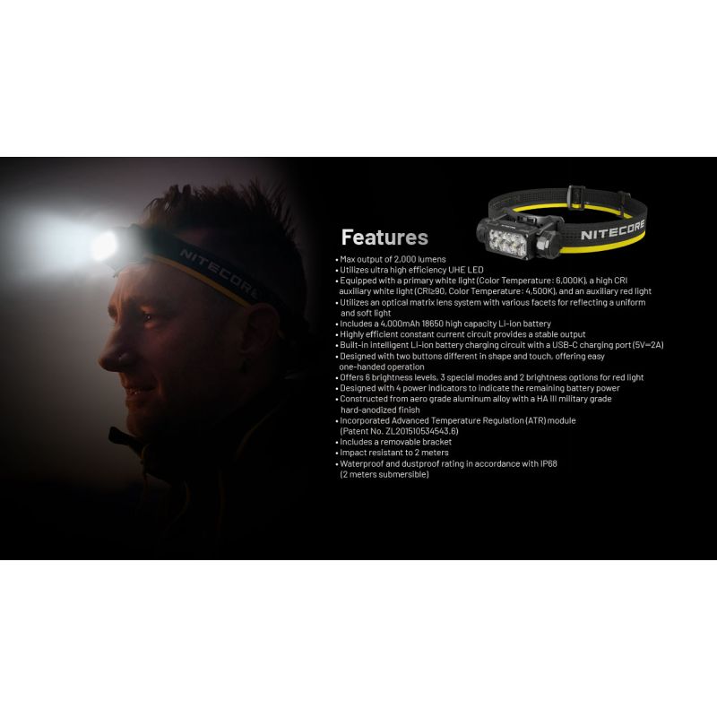 NITECORE HC65 UHE pannlampa 2000 lumen USB-C uppladdningsbar med lång batteritid och handsfree belysning