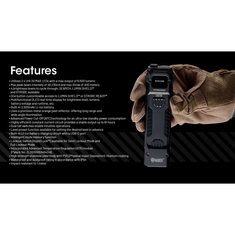 NITECORE EDC29 USB-C uppladdningsbar ficklampa 6500 lumen med långdistans synbarhet och justerbara ljusnivåer