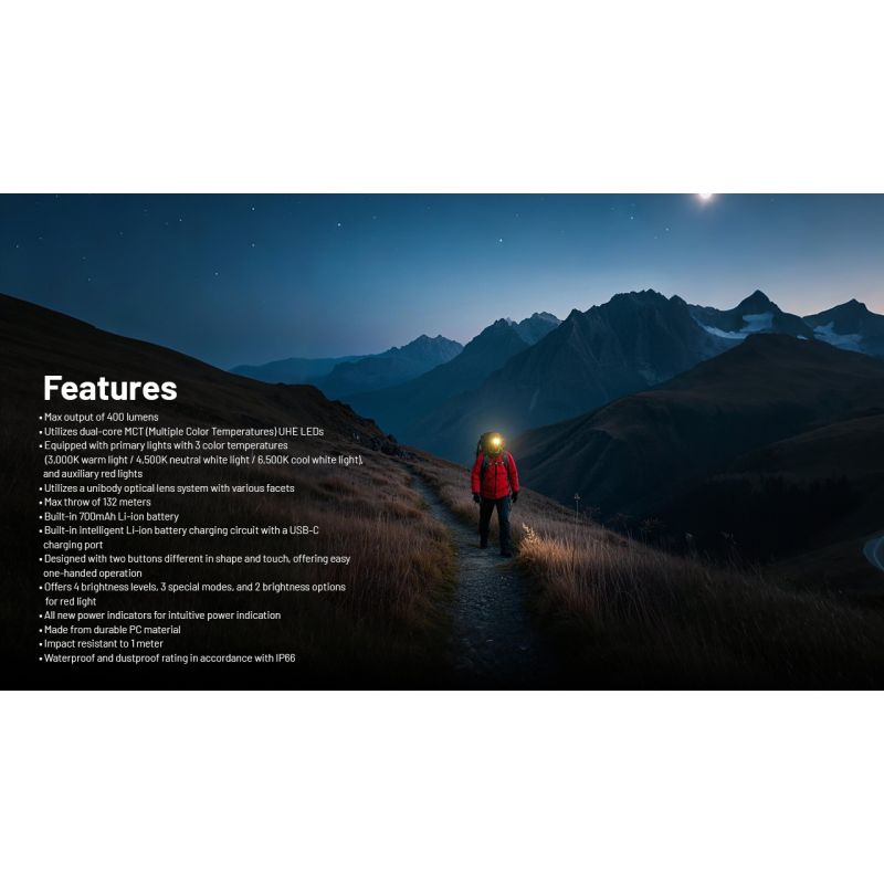 NITECORE NU25 MCT LED pannlampa 400 lumen USB-C laddningsbar kompakt design för friluftsentusiaster