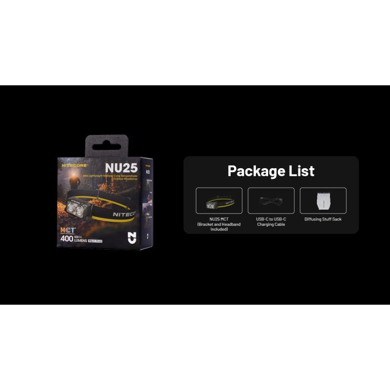 NITECORE NU25 MCT LED pannlampa 400 lumen USB-C laddningsbar kompakt design för friluftsentusiaster