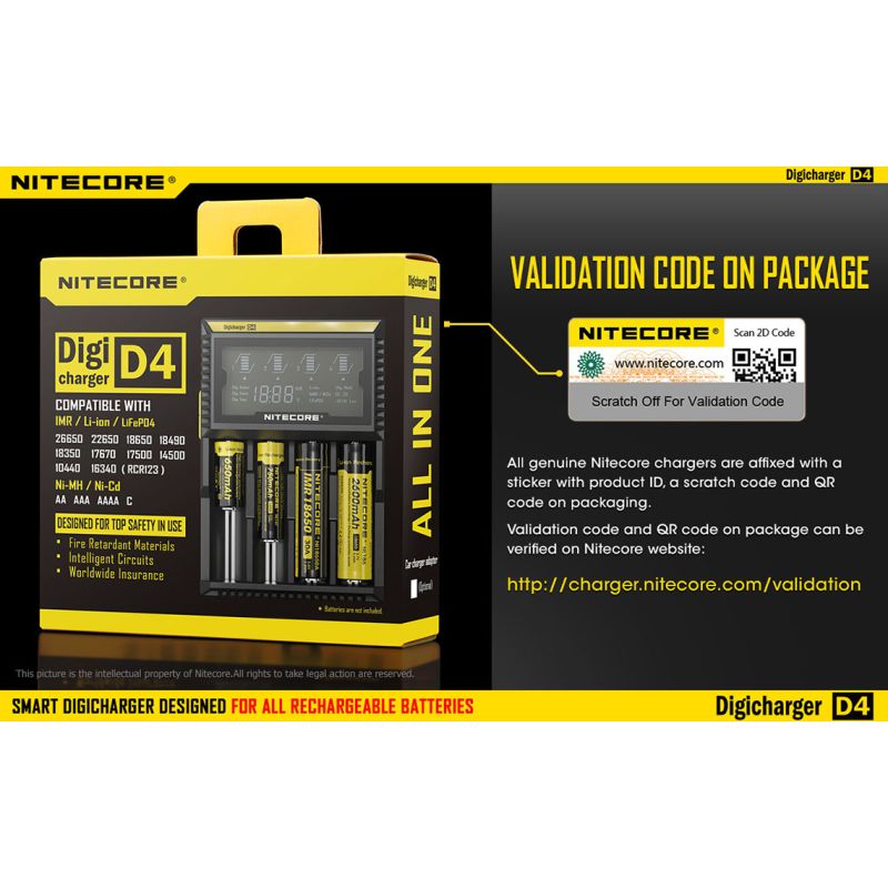 Nitecore D4 Digicharger LCD-skärm avancerad batteriladdare för Li-ion 18650 och NiMH med säkerhetsfunktioner