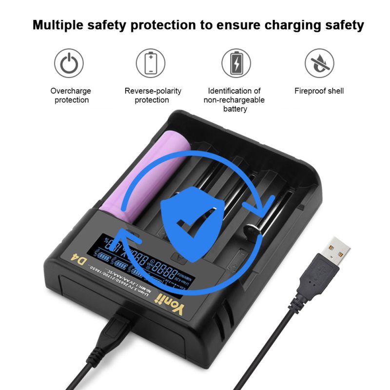 YONII D4 Batteriladdare, 4-plats LCD USB Laddare för 18650 21700 AA AAA Li-ion Ni-MH, Smart Snabbladdare