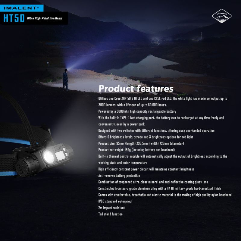 Kraftfull IMALENT HT50 LED-strålkastare med dubbla ljuskällor för äventyr Uppladdningsbar och vattentät