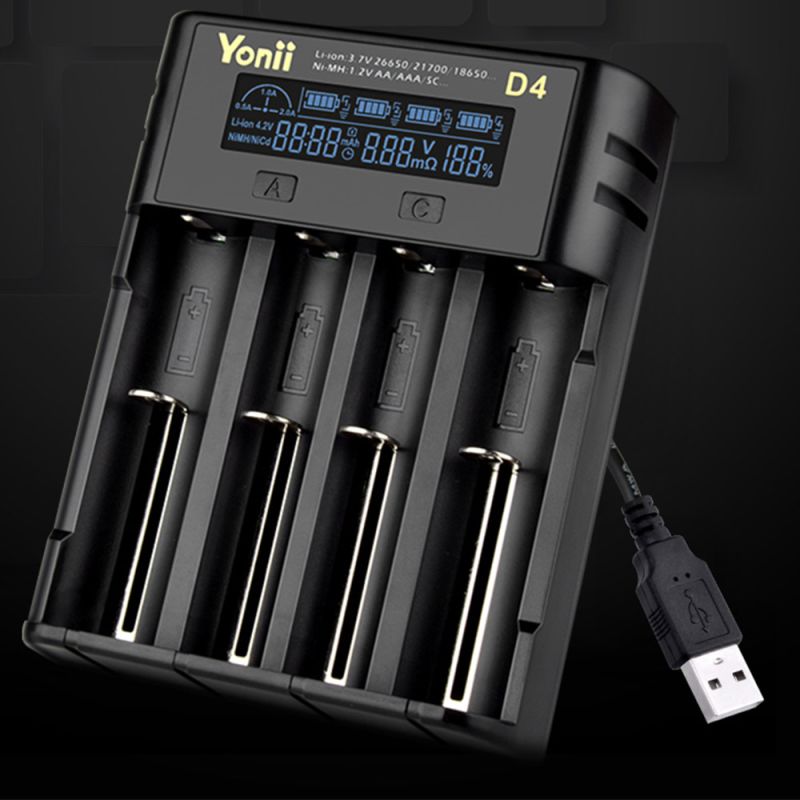 YONII D4 Batteriladdare, 4-plats LCD USB Laddare för 18650 21700 AA AAA Li-ion Ni-MH, Smart Snabbladdare