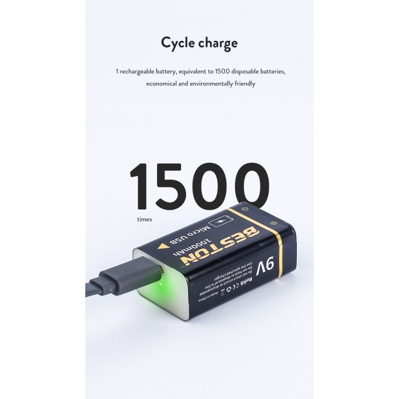 Beston 9V 1000mAh mikro-USB li-ion batteri hög kapacitet för RC helikoptrar och mikrofoner långvarigt miljövänligt
