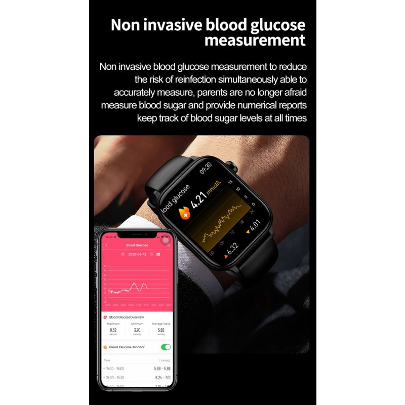ET570 Blodsocker Smartwatch EKG Puls Blodtryck Hälsa Icke-invasiv Blodsocker Mätning, 1.96