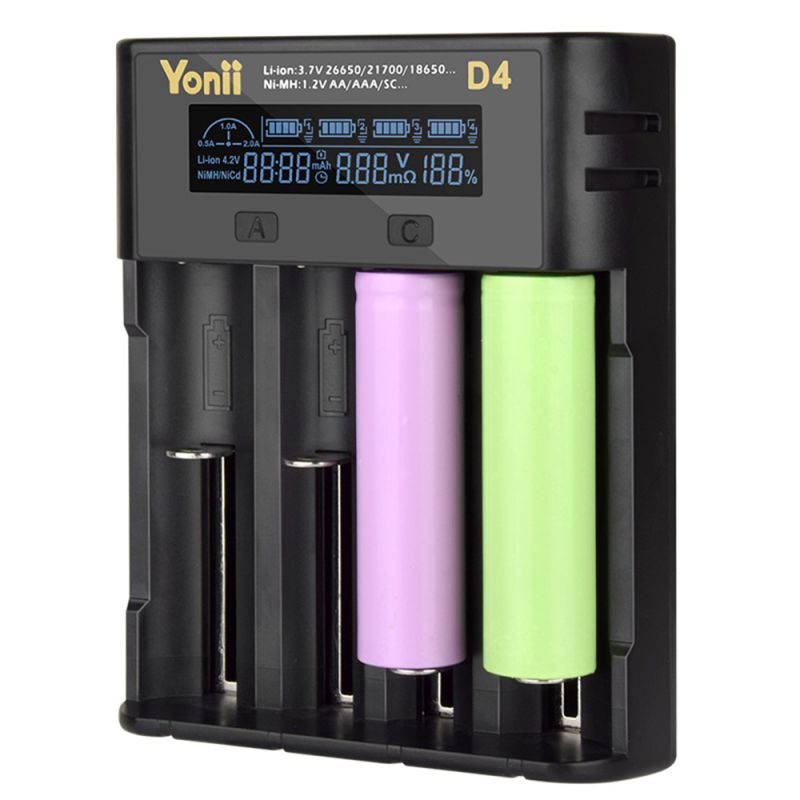 YONII D4 Batteriladdare, 4-plats LCD USB Laddare för 18650 21700 AA AAA Li-ion Ni-MH, Smart Snabbladdare