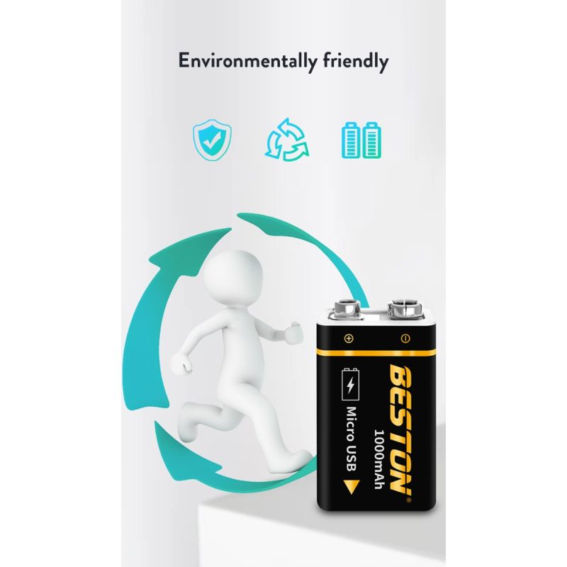 Beston 9V 1000mAh mikro-USB li-ion batteri hög kapacitet för RC helikoptrar och mikrofoner långvarigt miljövänligt