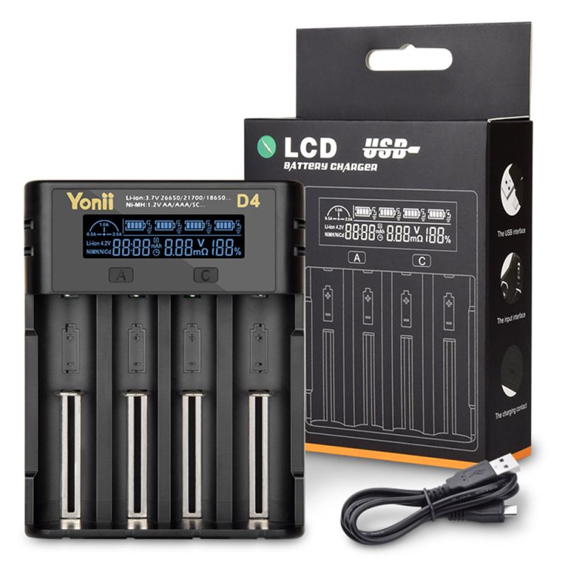 YONII D4 Batteriladdare, 4-plats LCD USB Laddare för 18650 21700 AA AAA Li-ion Ni-MH, Smart Snabbladdare