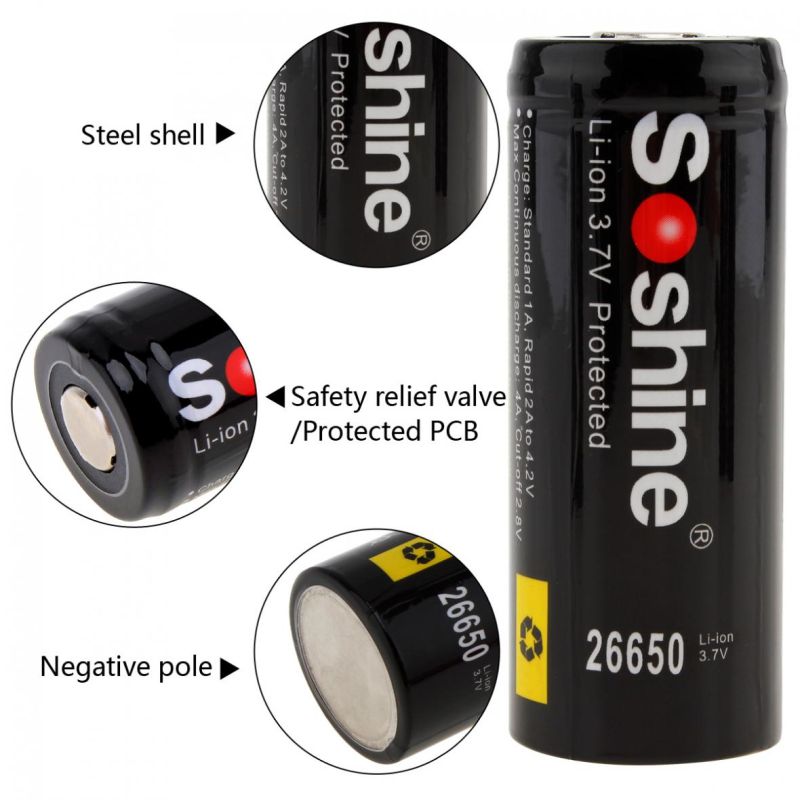 Soshine 26650 5500mAh 3.7V uppladdningsbara batterier 2-pack för elektronik och ficklampor hög prestanda