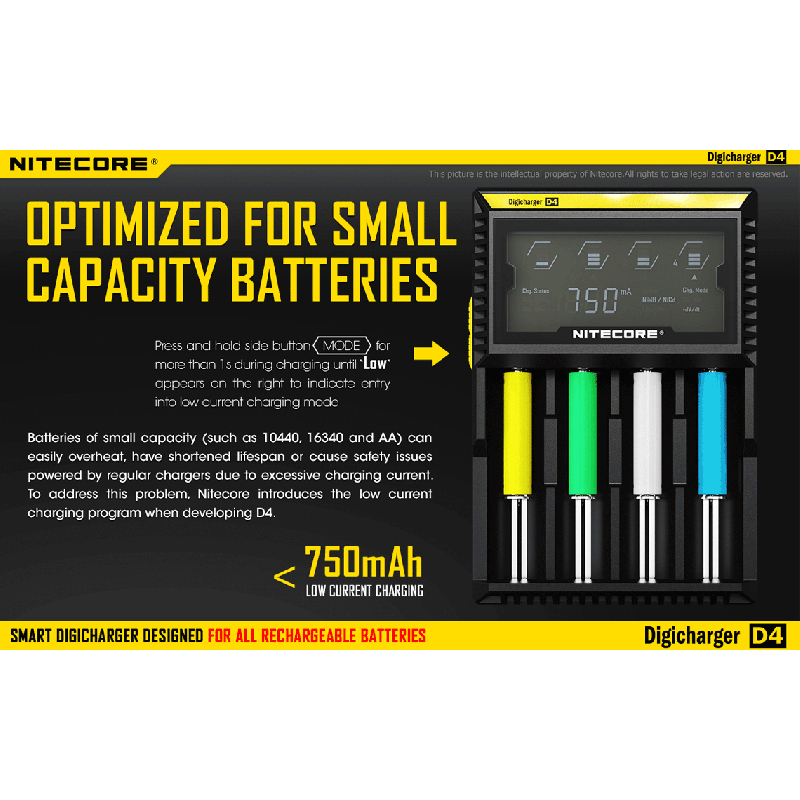 Nitecore D4 Digicharger LCD-skärm avancerad batteriladdare för Li-ion 18650 och NiMH med säkerhetsfunktioner