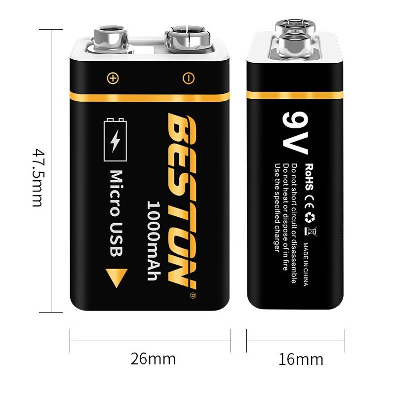 Beston 9V 1000mAh mikro-USB li-ion batteri hög kapacitet för RC helikoptrar och mikrofoner långvarigt miljövänligt
