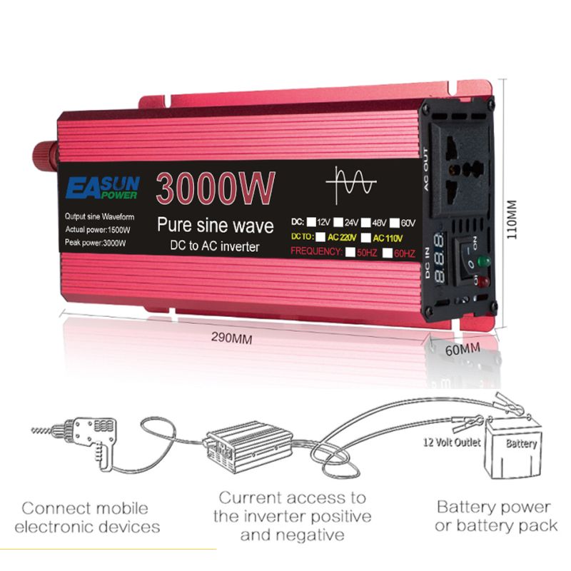 Mångsidig Pure Sine Wave Inverter 3000W DC 12V 24V Energilösning för Känslig Elektronik och Ladda Enheter