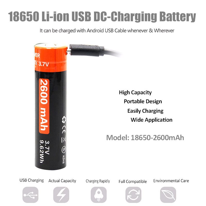 Upptäck 18650 2600mAh 3.7V Micro USB batteri uppladdningsbar litiumjon med hög energitäthet och lång livslängd