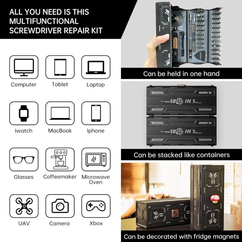 JAKEMY Precisionsskruvmejselsats JM-8192 – Multiverktyg för Elektronik & Mobilreparation. Professionell Reparationssats med Magnetiska Bits för Hemelekronik & Hobby.