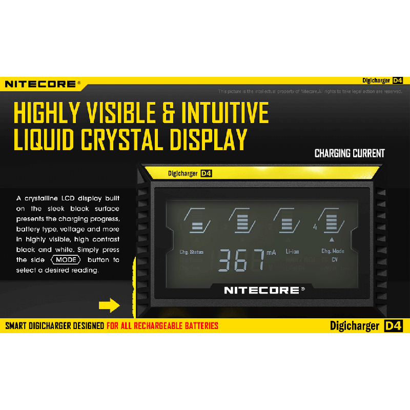 Nitecore D4 Digicharger LCD-skärm avancerad batteriladdare för Li-ion 18650 och NiMH med säkerhetsfunktioner