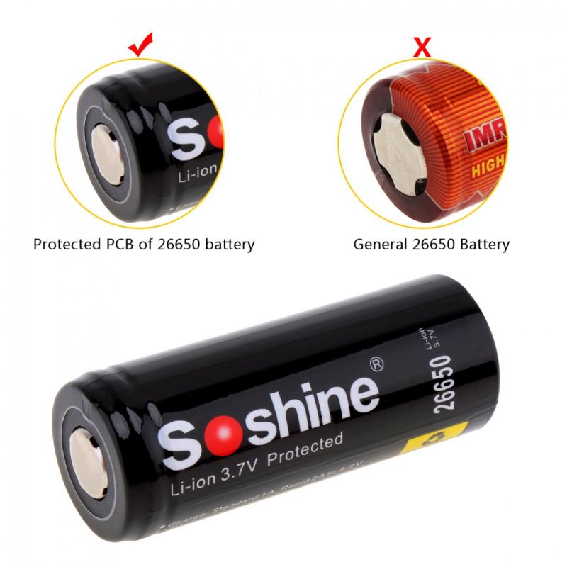 Soshine 26650 5500mAh 3.7V uppladdningsbara batterier 2-pack för elektronik och ficklampor hög prestanda