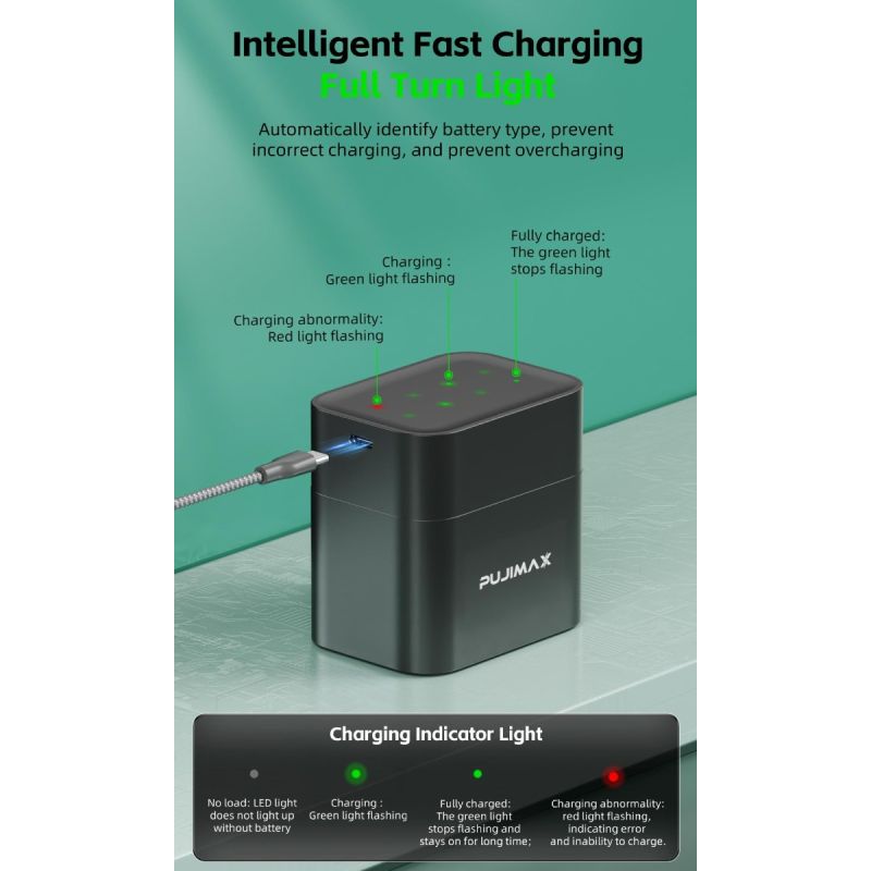 8-fack smart flip top laddare med typ-C port effektiv för AA litiumbatteri 3400mWh snabb batterihantering