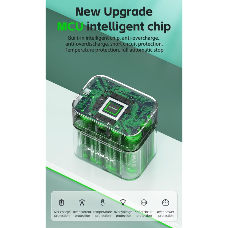 8-fack smart flip top laddare med typ-C port effektiv för AA litiumbatteri 3400mWh snabb batterihantering