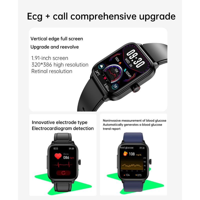 Smartwatch ET540: Blodsocker, EKG, Puls, Hälsoövervakning, Fitness Tracker, Bluetooth-samtal. 1.85