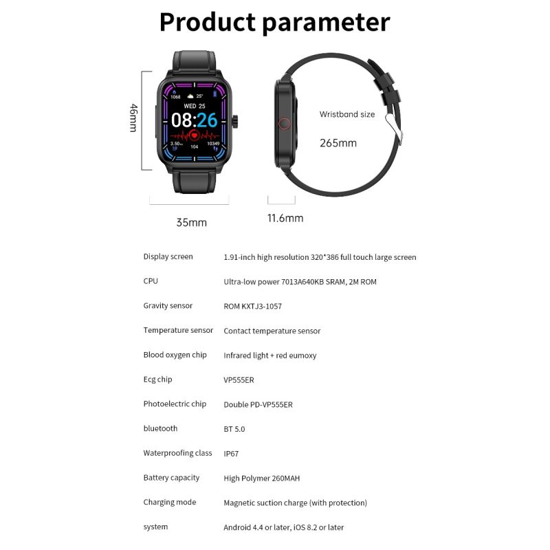 Smartwatch ET540: Blodsocker, EKG, Puls, Hälsoövervakning, Fitness Tracker, Bluetooth-samtal. 1.85