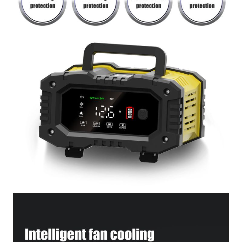 FOXSUR bärbar bilbatteriladdare 12V/24V motorcykel lastbil AGM LiFePO4 automatisk 7-stegs laddning effektivitet