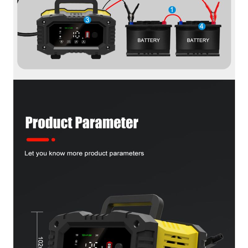 FOXSUR bärbar bilbatteriladdare 12V/24V motorcykel lastbil AGM LiFePO4 automatisk 7-stegs laddning effektivitet