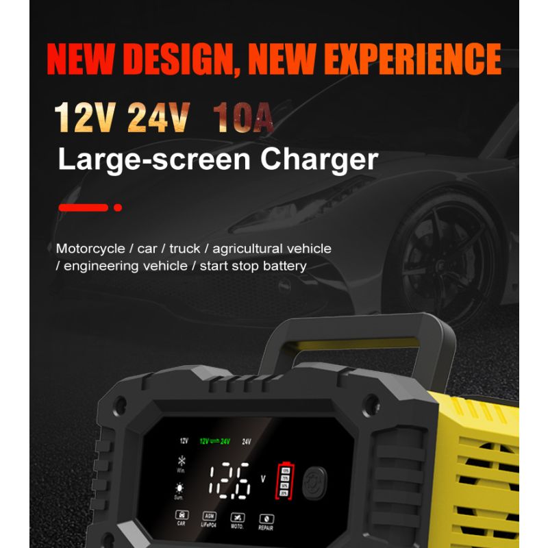 FOXSUR bärbar bilbatteriladdare 12V/24V motorcykel lastbil AGM LiFePO4 automatisk 7-stegs laddning effektivitet